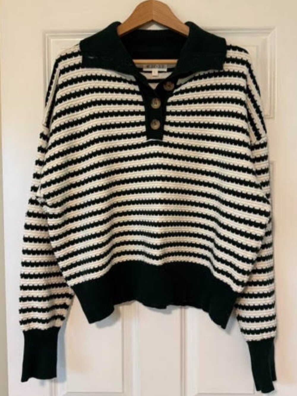 Striped Green & White Cowl-Neck Sweater with Button Placket